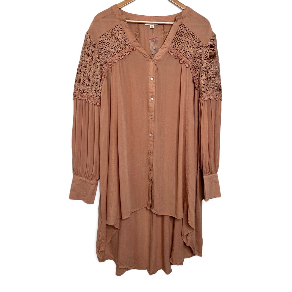 Easel NWT Rose Pink Lace Boho High Low Long Sleeve Tunic Top Size L